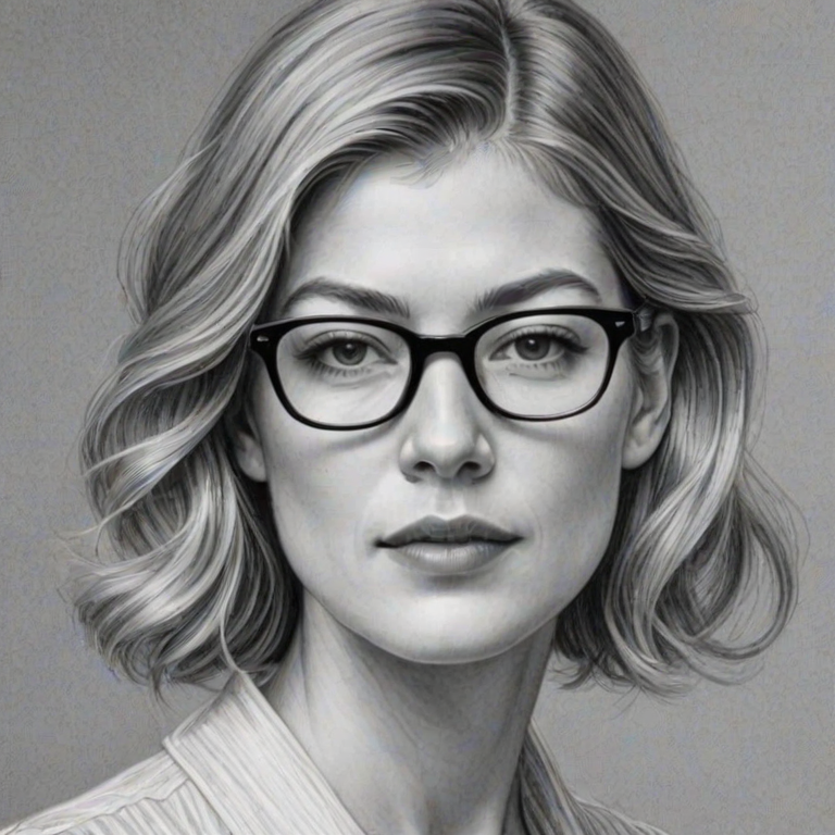 Beauteous Rosamund Pike, pencil sketch, portrait of Radiant woman 1925s in glasses, hair style beatnik, outline, clear lines, fine lines, 8k