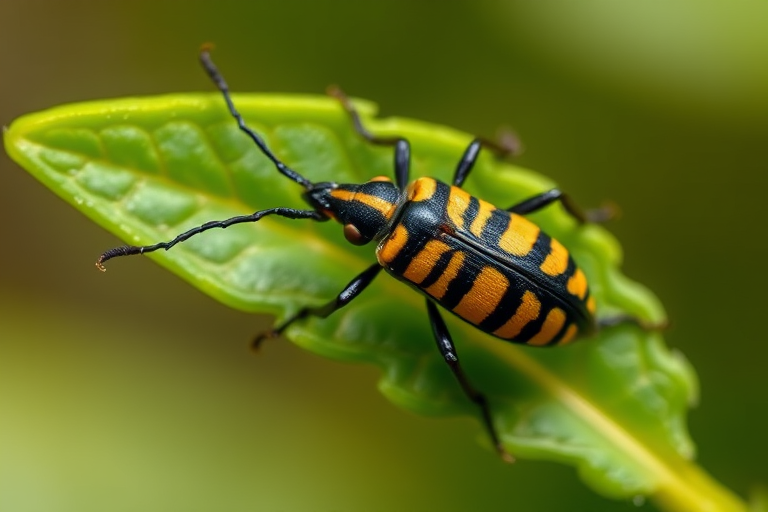 macro shot of a striped beetle on a green leaf with a blurred background, f/2.8, 1/125 sec, ISO 200, 100mm macro lens, natural light, soft focus effect, top-down view