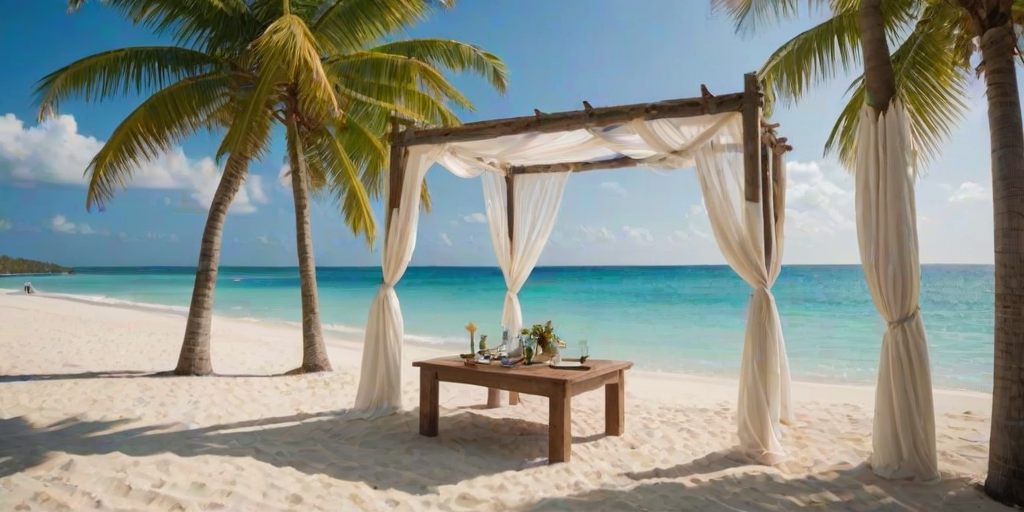 Create a picturesque tropical beach scene featuring a serene, white sandy shore. In the foreground, there's a rustic wooden canopy with white drapes gently flowing in the breeze. Underneath the canopy, a table is set with tropical decor, evoking a sense of relaxation and leisure. The beach extends into a calm, shallow water area with reflections of the sky and surroundings. Palm trees and lush greenery line the edge of the beach, providing a natural, tropical backdrop. The sky is clear with a few scattered clouds, and the overall atmosphere is tranquil and inviting, perfect for a peaceful retreat.