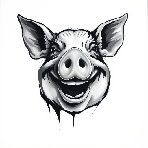 Abstract black and white acrylic portrait of an over exaggerated laughing (pig). Minimalism style. White background.