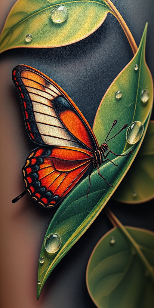 Hyperrealistic 3D tattoo depicting a lifelike butterfly perched on a dewdrop-covered leaf, photorealistic details and textures, trompe l'oeil effect creating an optical illusion