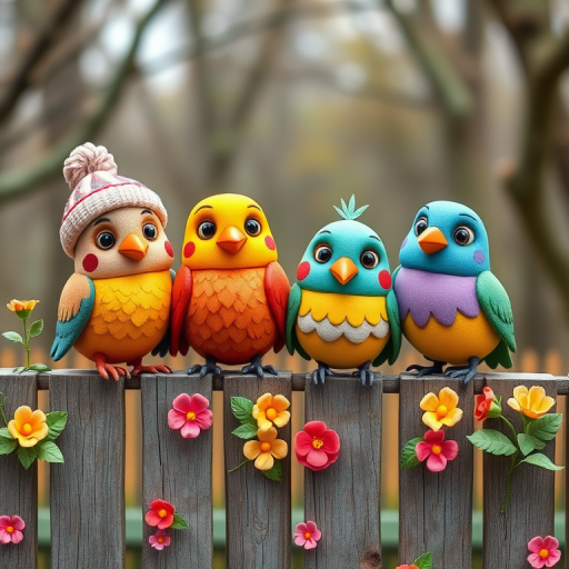 create a scene of 4 quirky  whimsical colourful comical birds each with a funny expression. they are sat on a wooden fence with colourful flowers. they are all different sizes. each one is a different colour  one is wearing a woolly hat. Each one has a different quirky google expression and there is a muted background of trees watercolour paintierly style high definition 8k resolution 3D paper mache