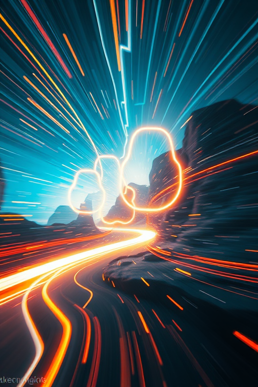 abstract digital art of streaming light and shapes in a futuristic landscape, 24mm lens, aperture f/8, ISO 100, shot in a low light environment, long exposure effect to enhance motion blur and light trails, high dynamic range imaging
