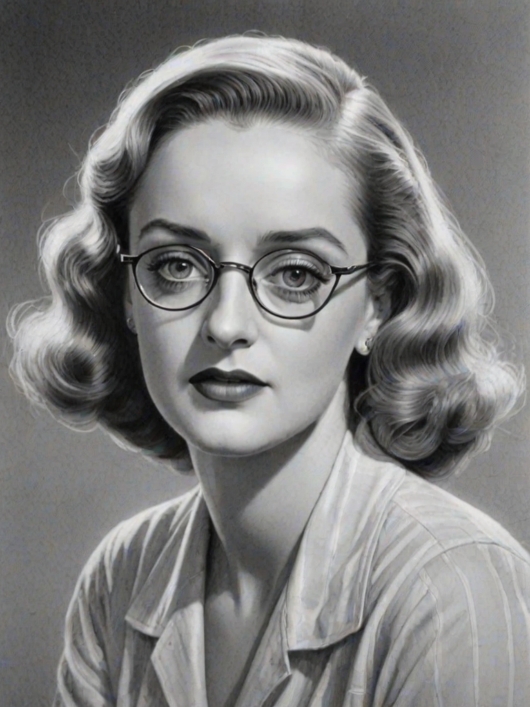 Comely Bette Davis, pencil sketch, portrait of Stunning woman 1921s in glasses, hair style beatnik, outline, clear lines, fine lines, 8k