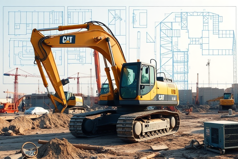 Create a high-resolution image of an excavator in a construction site, featuring a detailed blueprint overlay in the background, taken with a DSLR camera at f/8 aperture, ISO 200, 24mm focal length, shot from a low angle with a slight zoom to emphasize the excavator's details and machinery textures.