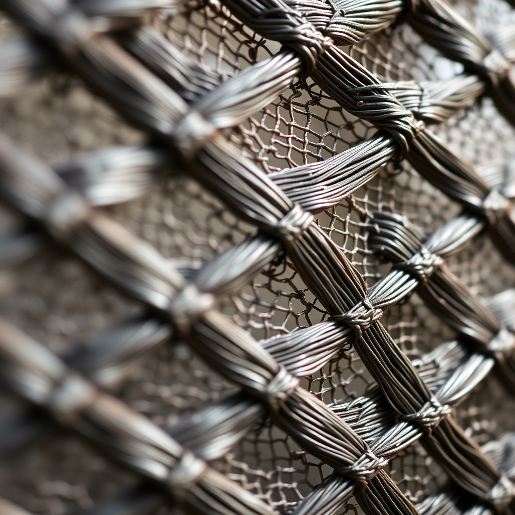 close-up shot of a woven mesh pattern with intricate details, soft natural lighting, f/4 aperture, ISO 100, 50mm lens, shallow depth of field, DSLR camera, focus on texture