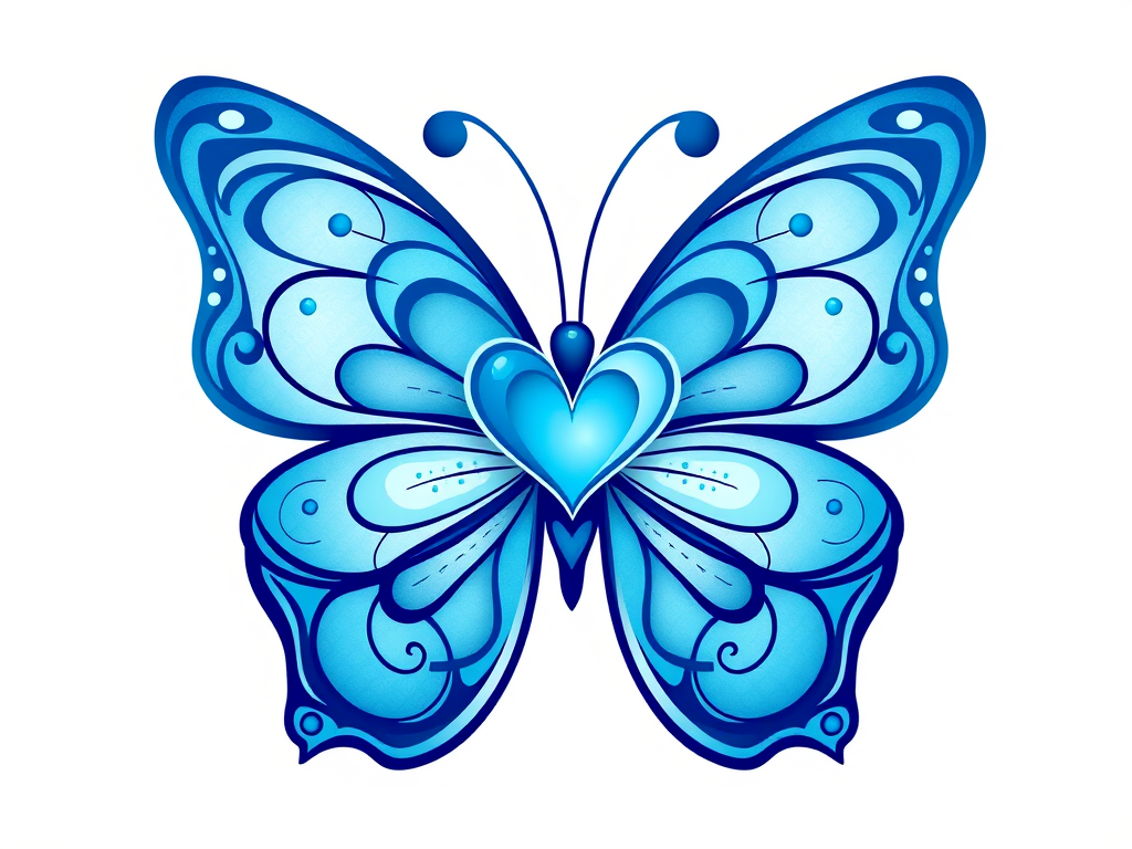 Create an image of a butterfly featuring shades of blue. The butterfly should have intricate designs with swirls and dots, incorporating a heart shape in the center. The overall style should be artistic and vibrant, with a light background.