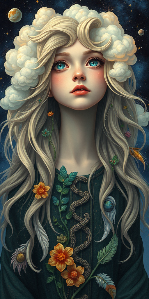 Create a series of imaginative portraits where each subject is infused with elements of fantasy and nature. The hair of the individuals should flow like clouds, varying from soft, fluffy cumulus to wispy cirrus strands, with hints of color reflecting a sunset or a clear blue sky. The eyes should be windows to entire galaxies, with stars, nebulae, and distant planets visible within them. Clothing should be adorned with nature motifs, such as floral patterns that bloom and change, vines that seem to grow and wrap around, or feathers that shimmer with iridescence. Each portrait should capture a unique personality, blending human features with the ethereal beauty of the natural and cosmic world. The backgrounds can vary, from starry night skies to enchanted forests, adding depth and context to the magical realism of the portraits