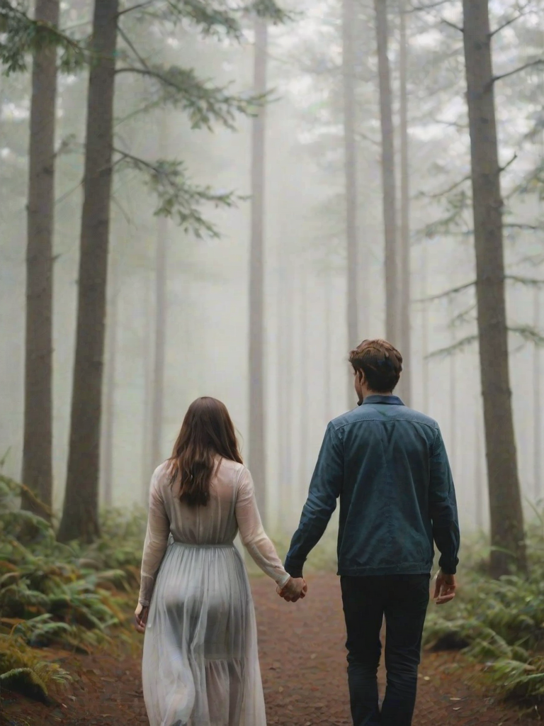 Blurry, candid shot of a couple holding hands while walking through a misty forest, soft focus on the fog rolling through the trees, distant birds singing in the background, and a feeling of quiet connection.