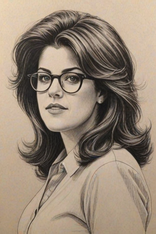 Beauteous Monica Lewinsky, pencil sketch, portrait of Superb woman 1980s in glasses, hair style beatnik, outline, clear lines, fine lines, 8k