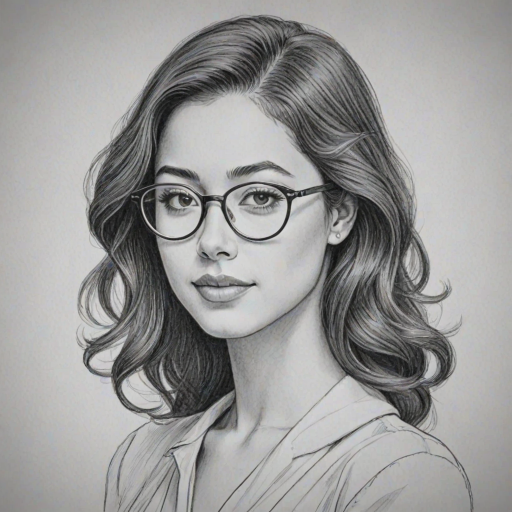 Elegant Seychelle Gabriel, pencil sketch, portrait of Elegant woman 1953s in glasses, hair style beatnik, outline, clear lines, fine lines, 8k