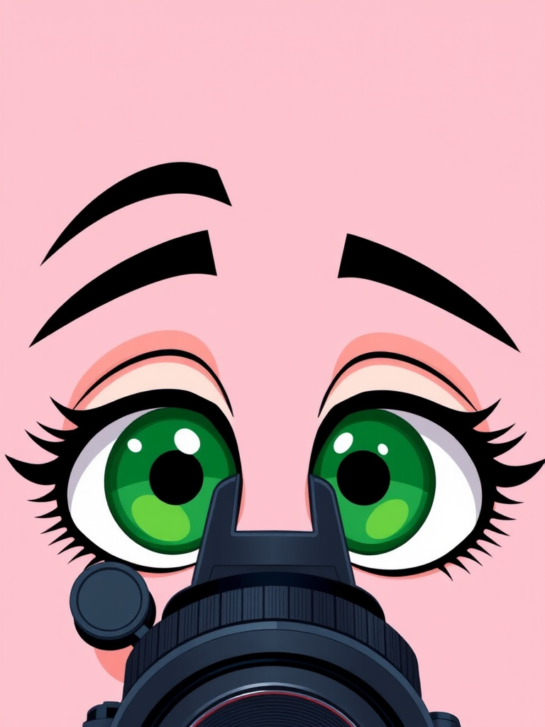 Create a high-resolution illustration of cartoon-style large, intense green eyes with sharp black eyebrows on a soft pink background, using a DSLR camera at f/4 aperture, ISO 100, shutter speed 1/200s, 50mm lens, top-down view, digital art style.