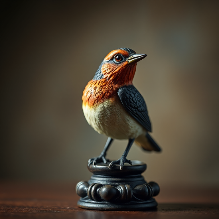 high-resolution close-up of a beautifully crafted bird figurine perched on a decorative base, studio lighting, f/2.8 aperture, 50mm lens, ISO 100, soft focus background, DSLR camera