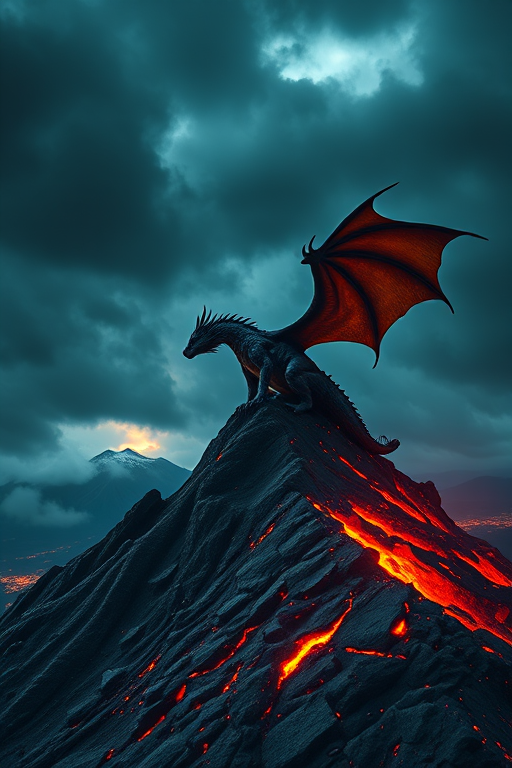 create a cinematic image of a majestic dragon perched on a volcanic mountain, surrounded by fiery lava and dark stormy clouds, use a DSLR camera with a 50mm lens, f/1.8 aperture, ISO 100, shutter speed 1/250s, wide-angle view, high dynamic range, and vivid colors for enhanced detail and depth.