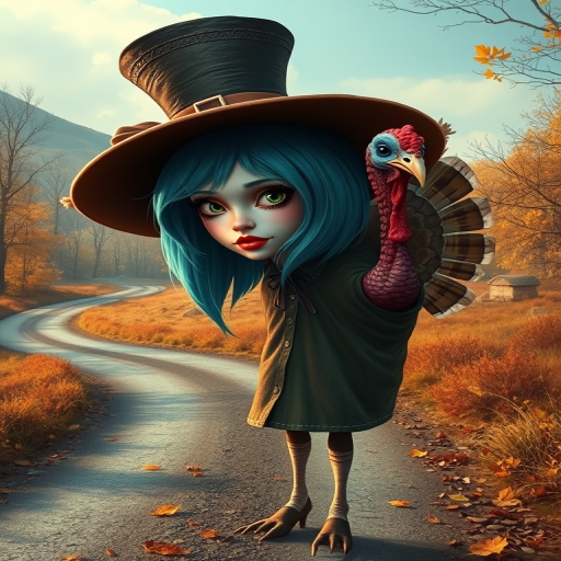 digital art fantasy depicting a strange girl with cyan hair, long eyelashes, brown lipstick and a tall hat walking along a winding road on an autumn afternoon, an Turkey smiles as she passes