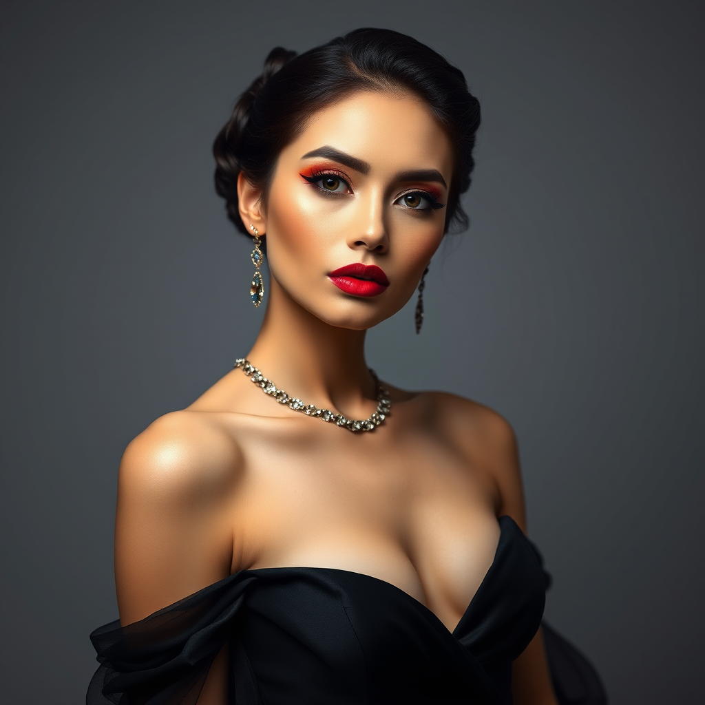 Studio portrait, female model, elegant couture dress, bold makeup, dramatic lighting, Utilize a 50mm portrait lens for crisp details and a soft background blur, 8k