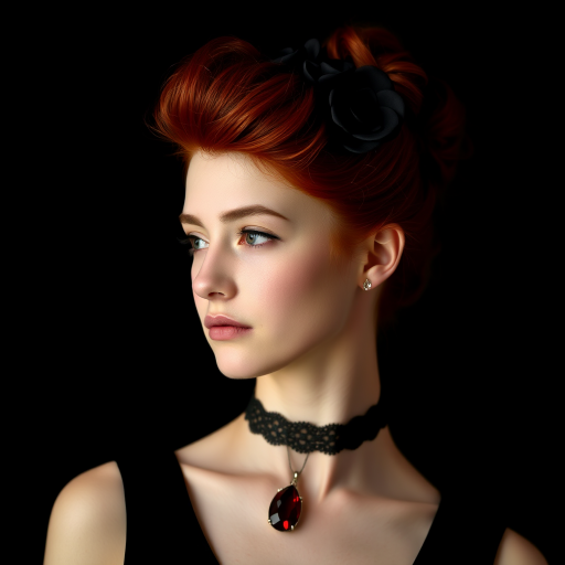 A young woman with bright red hair styled in a voluminous updo adorned with black floral accents, wearing a black choker with a large red gemstone pendant, looks off to the side with a slightly pensive expression, her face softly lit against a dark background.  The image is composed as a portrait, shot from a close-up perspective, with the subject filling most of the frame.  The woman's skin appears fair and flawless, with a subtle glow.  The overall atmosphere is elegant and slightly dramatic.