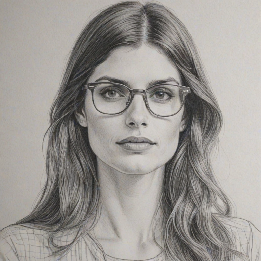 Exquisite Lake Bell, pencil sketch, portrait of Attractive woman 1970s in glasses, hair style beatnik, outline, clear lines, fine lines, 8k