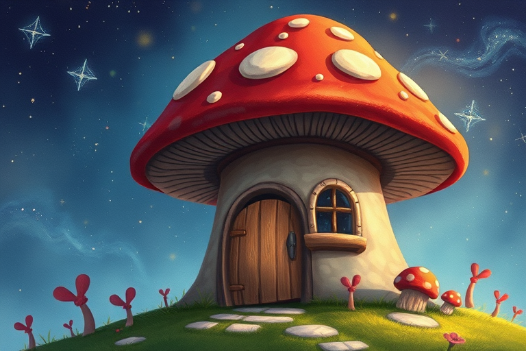 create illustration of a mushroom house with a door and a window, a storybook , fantasy art, mushroom house, bg starry sky, sparkles