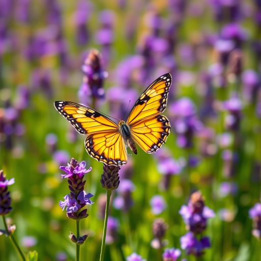 Generate an image of a butterfly perched on a lavender flower in a vibrant field filled with blooming lavender. The background should feature a blur of purple flowers under bright sunlight, creating a lively and colorful atmosphere. The butterfly should have intricate patterns on its wings, showcasing shades of yellow and black.