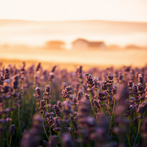 Soft-focus image of a field of lavender at sunrise, with soft golden light illuminating the delicate purple flowers, and a distant farmhouse barely visible through the morning mist.
