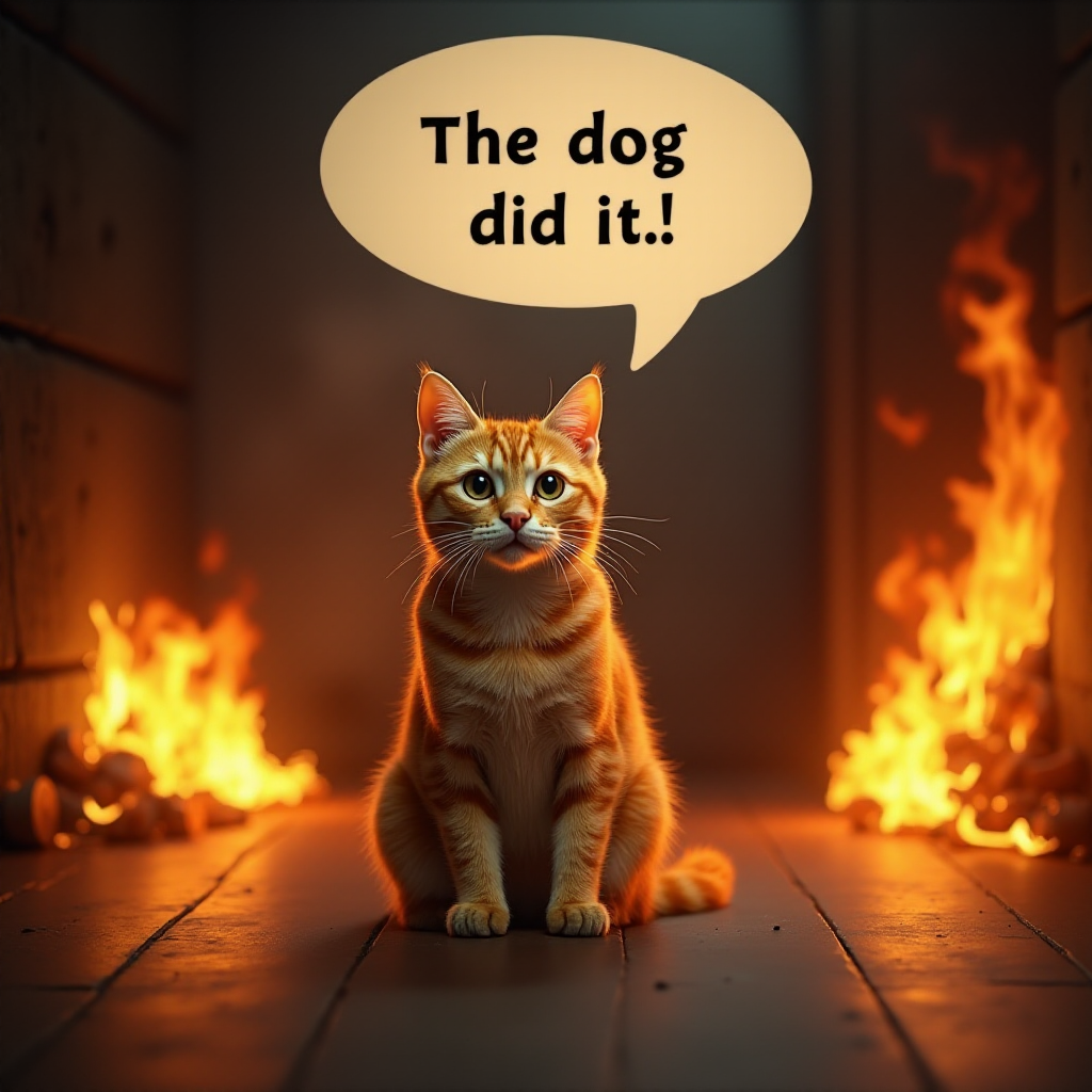 Photorealistic image of an innocent-looking cat sitting calmly in the middle of a burning room. Flames engulf the room, with fire licking up the walls and smoke filling the air. The cat is sitting on the floor, looking directly at the viewer with wide, innocent eyes. Above the cat, a speech bubble says "The dog did it". The contrast between the cat's calm demeanor and the chaos around it creates a humorous and surreal scene.