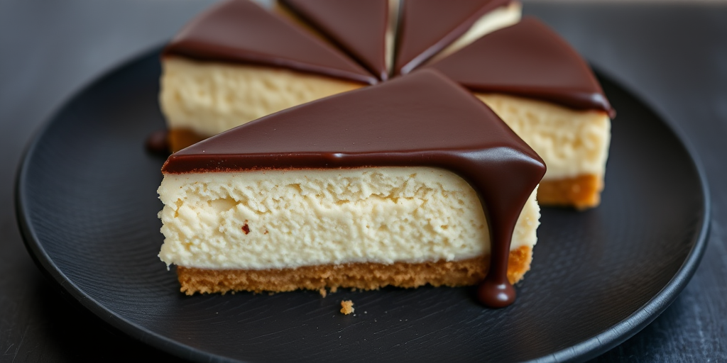 A slice of creamy cheesecake with a smooth chocolate ganache topping displayed on a textured black plate with more slices arranged around it. The cheesecake has a rich, fluffy texture and a golden crust. The background is softly blurred to emphasize the dessert.