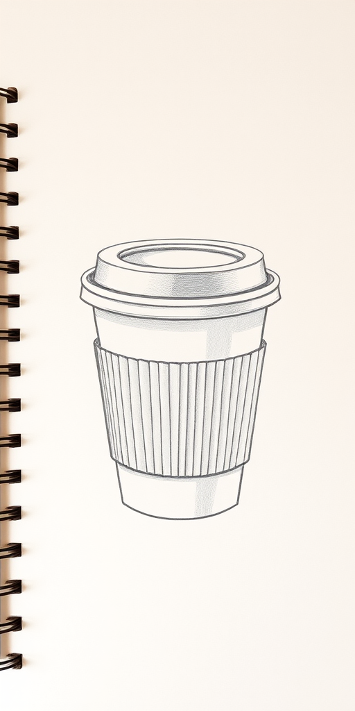 Create a detailed drawing of a coffee cup with a lid, viewed from slightly above at a 45-degree angle, using a high-resolution DSLR camera with a focal length of 50mm, aperture set to f/2.8, ISO 100, and natural soft lighting to enhance texture and depth.