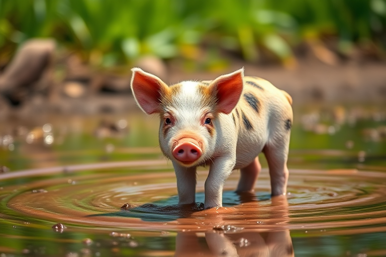 photograph of a cute piglet standing in muddy water, shallow depth of field, soft natural lighting, 50mm lens, aperture f/1.8, ISO 200, 1/200 sec, DSLR camera, with a warm color tone and vibrant greenery in the background