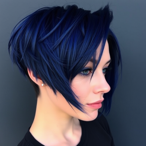 Regal indigo blue hair in a "Starry Night" inspired style features an asymmetrical cut with razor-sharp edges and metallic accents