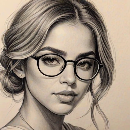 Sublime Alina Baraz, pencil sketch, portrait of Enticing woman 1929s in glasses, hair style beatnik, outline, clear lines, fine lines, 8k