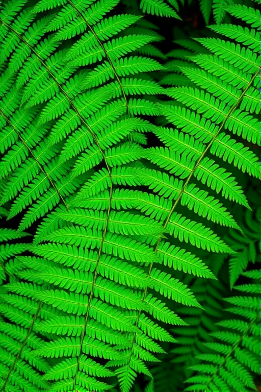 regenerate an image of lush green fern leaves arranged in a repeating pattern, with a macro lens at f/2.8 aperture, ISO 100, 1/200 sec shutter speed, using a DSLR camera, natural light, top-down view