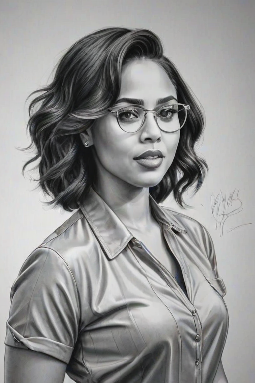 Exquisite Ayesha Curry, pencil sketch, portrait of Alluring woman 1949s in glasses, hair style beatnik, outline, clear lines, fine lines, 8k