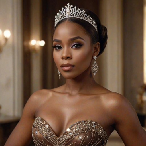 A gorgeous African American woman in a luxurious brown gown, accessorized with a dazzling tiara and statement earrings, her deep white eyes highlighted by impeccable makeup, poised in a royal setting, photorealistic, 8K quality