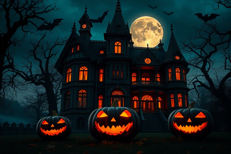 Create a spooky Halloween scene featuring a dark, gothic mansion with intricate architecture illuminated by glowing orange lights. Surround the mansion with twisted trees, a full moon in the background, and bats flying in the night sky. Add carved pumpkins with eerie expressions in the foreground and autumn leaves scattered around to enhance the atmosphere.