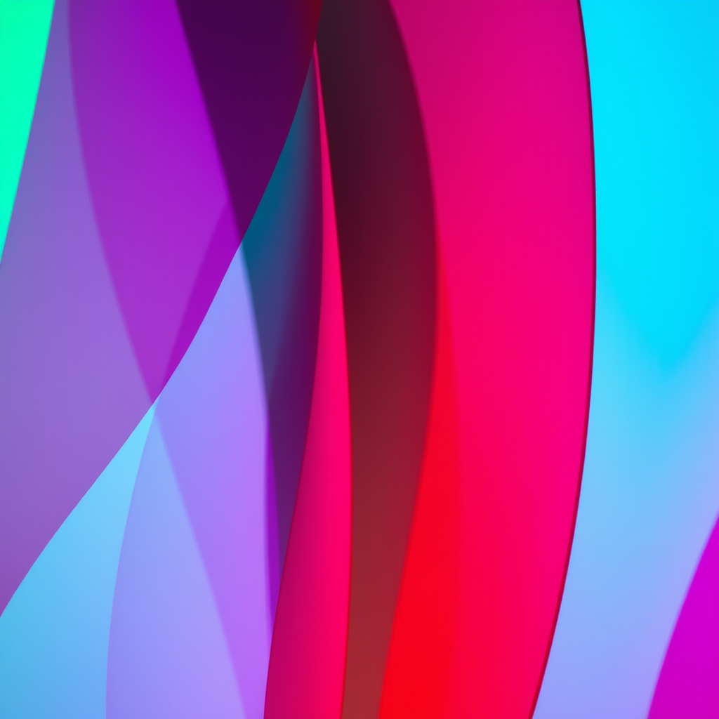 Create an abstract image with vibrant, translucent layers of colors including pink, green, and blue, using a Sony A7R IV camera at f/8, ISO 100, 24mm focal length, with a soft focus style to enhance blend and depth.