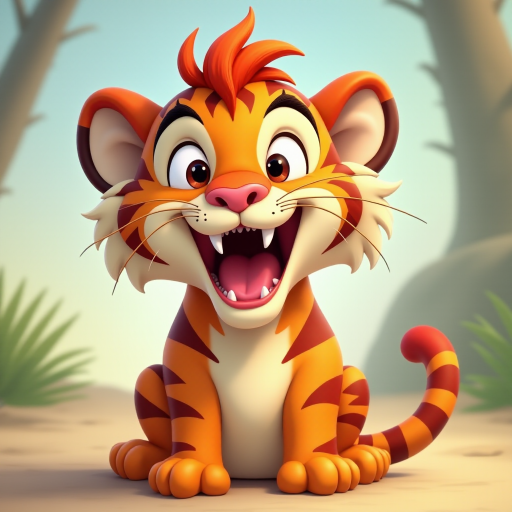 Disney style, cartoon illustration of an orange and white tiger with messy hair smiling very wide open mouth showing, in the Disney Pixar animation style, in the style of Don Bluth, full teeth body, with a very detailed face, very detailed eyes, very detailed fur, full color, very colorful, with a very colorful background, soft pastel colors, high resolution, high quality, high detail, hyper realistic