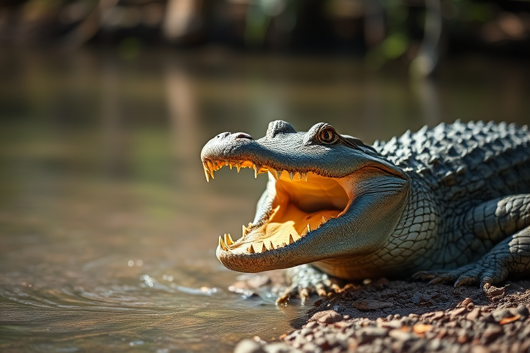 Crocodile basking on a riverbank with mouth open, close-up shot, natural lighting, aperture f/4, ISO 200, shutter speed 1/250s, DSLR camera, macro lens, shallow depth of field.