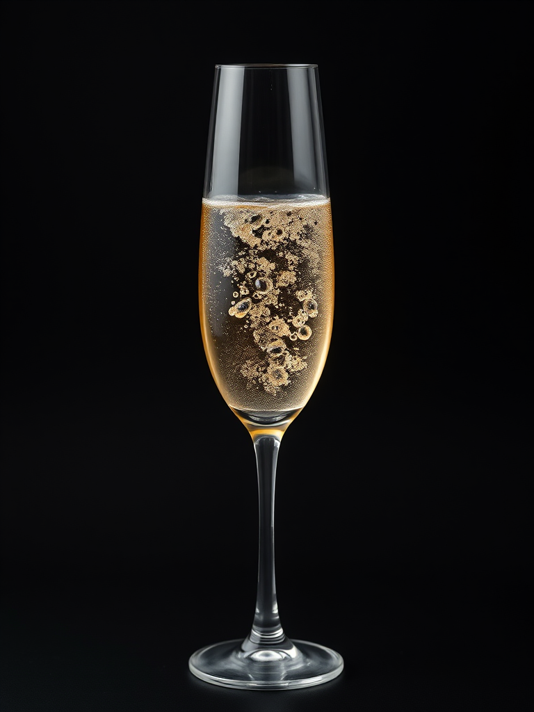 A champagne flute filled with bubbly champagne, isolated on a clean black background, captured with a Canon EOS R, 50mm lens, aperture f/2.8, shutter speed 1/125s, ISO 100, soft lighting to enhance bubble details and reflections.