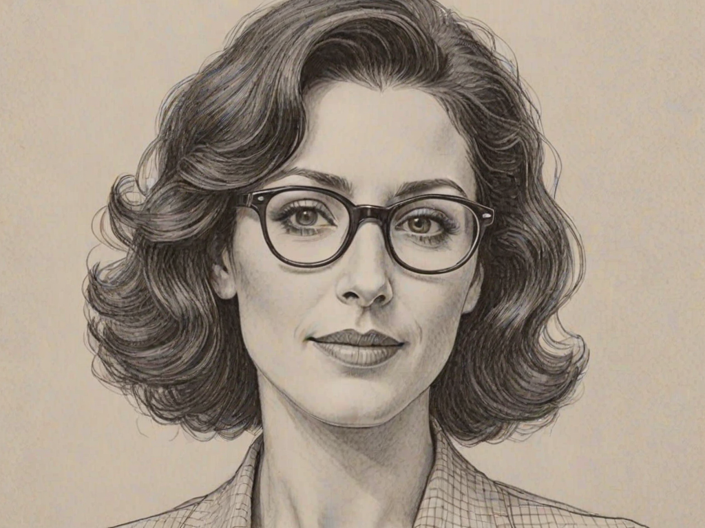 Attractive Lisa Edelstein, pencil sketch, portrait of Lovely woman 1938s in glasses, hair style beatnik, outline, clear lines, fine lines, 8k