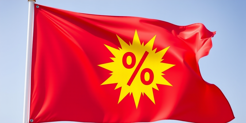 Create an image of a red flag with a yellow starburst displaying a percentage symbol, captured with a DSLR camera at f/8 aperture, 1/250 second shutter speed, ISO 200, front view, in bright daylight to enhance image quality.