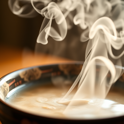 Create an image of a steaming bowl with elegant swirls of steam rising from it, using a DSLR camera set to f/2.8 for depth of field, a 50mm lens for close-up clarity, and a soft light style to enhance the warm color tones.