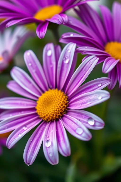 Close-up of vibrant purple and white daisies with water droplets on petals, soft focus background, macro lens, f/2.8 aperture, ISO 100, 1/200 sec shutter speed, natural light.