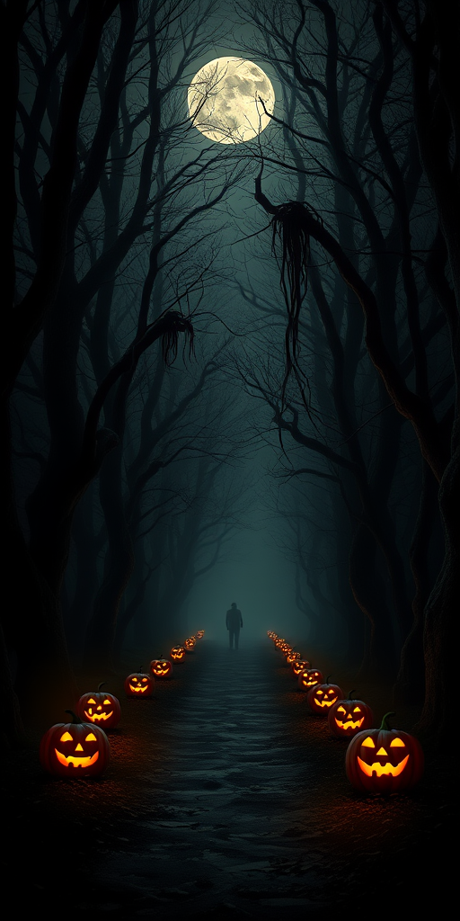 A dark and eerie forest path illuminated by glowing jack-o'-lanterns on either side twisted trees with gnarled branches and a misty atmosphere shadows of mysterious figures in the background and a full moon peeking through the fog creating a haunting and spooky Halloween scene