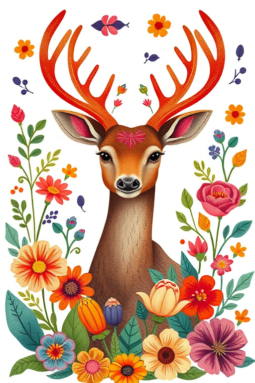 Create a vibrant illustration of a decorative deer surrounded by colorful flowers and leaves in a folk art style, using a DSLR camera with a 50mm lens, f/1.8 aperture, ISO 100, and natural lighting for enhanced details and rich colors.