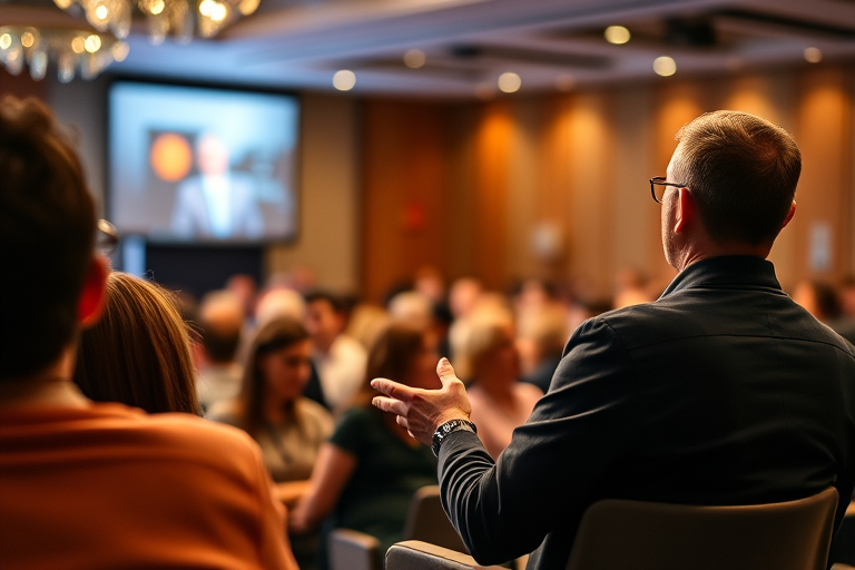 Capture a dynamic conference scene with a speaker engaging the audience, using a Canon EOS R5 camera, 85mm lens, aperture f/1.8 for shallow depth of field, ISO 400, and a shutter speed of 1/250 seconds, ensuring warm lighting highlights the speaker and soft focus on the audience for a professional look.