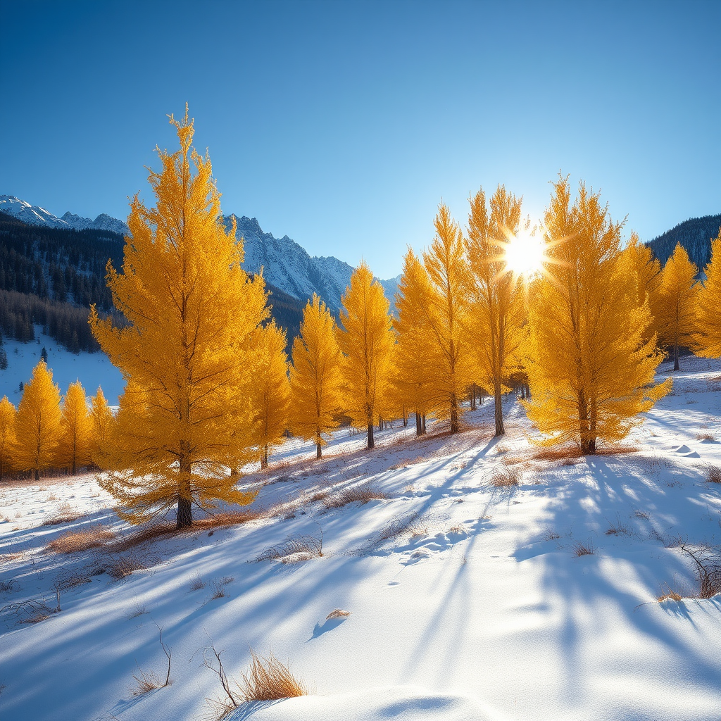 a serene winter landscape featuring golden larch trees in a snowy field with a mountain backdrop under bright sunlight