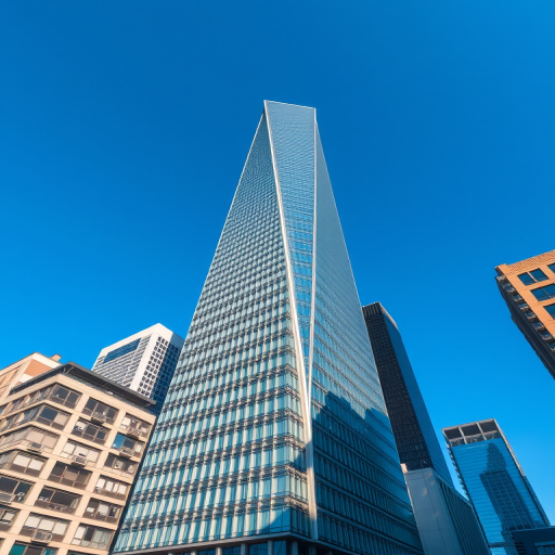 Regenerate the image of a modern skyscraper with a unique design and surrounding buildings under a clear blue sky, using a Canon EOS R5, 24mm lens, f/8 aperture, ISO 100, with a slight tilt-shift effect for enhanced perspective.