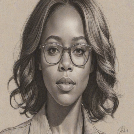 Ravishing Nicole Beharie, pencil sketch, portrait of Radiant woman 1963s in glasses, hair style beatnik, outline, clear lines, fine lines, 8k
