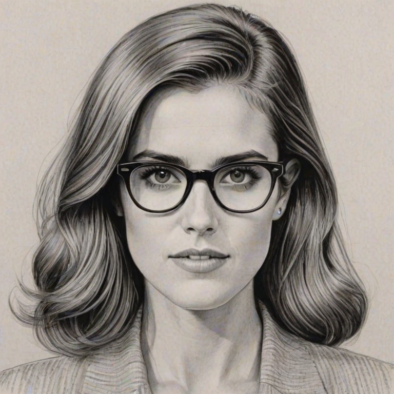 Dazzling Allison Williams, pencil sketch, portrait of Wonderful woman 1960s in glasses, hair style beatnik, outline, clear lines, fine lines, 8k